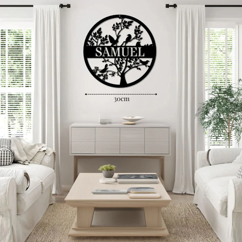 لوحة جدارية معدنية على شكل شجرة مع الطيور، قابلة للتخصيص بإسمك