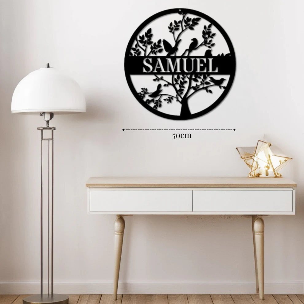 لوحة جدارية معدنية على شكل شجرة مع الطيور، قابلة للتخصيص بإسمك