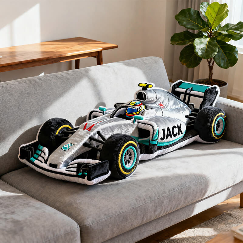 Personalized silver racing car shaped pillow