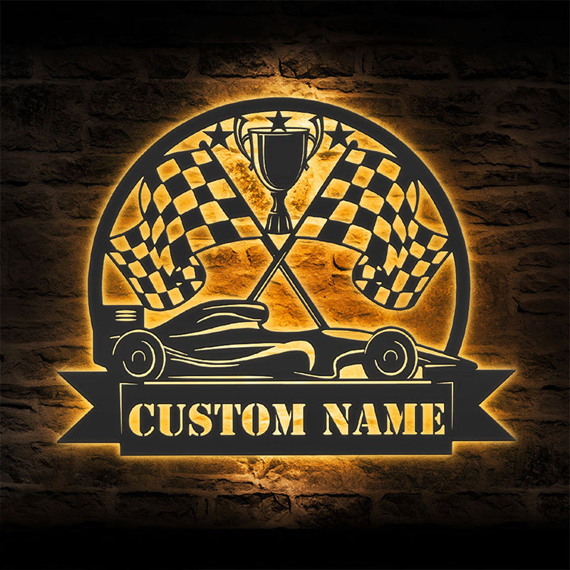 Custom Racing Flag Sprint Car Metal Wall Art LED Light