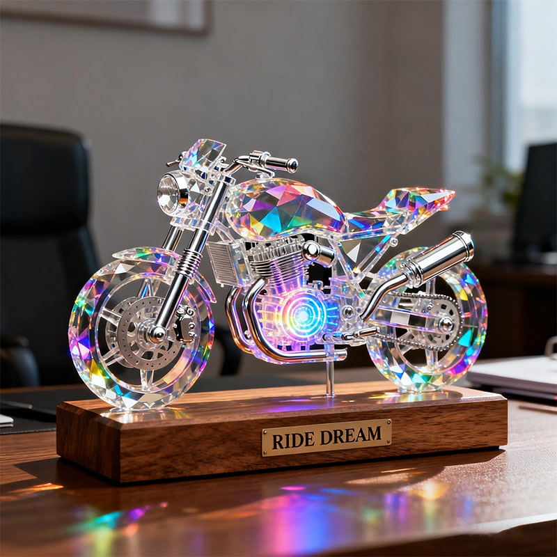 زينة سطح مكتب مخصصة مصنوعة من الكريستال الملون على شكل دراجة نارية - باسمك الخاص