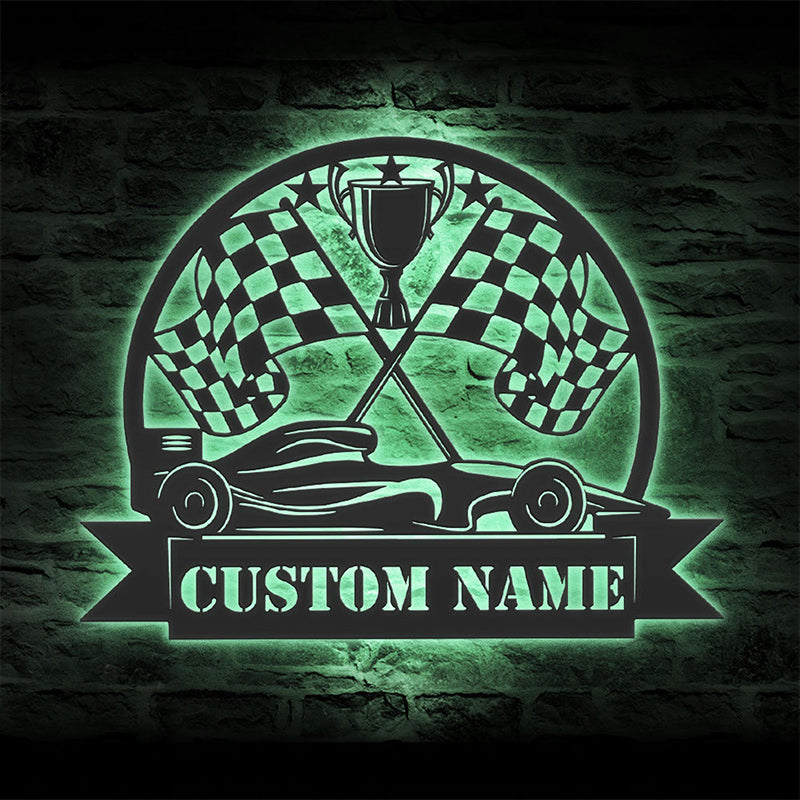 Custom Racing Flag Sprint Car Metal Wall Art LED Light