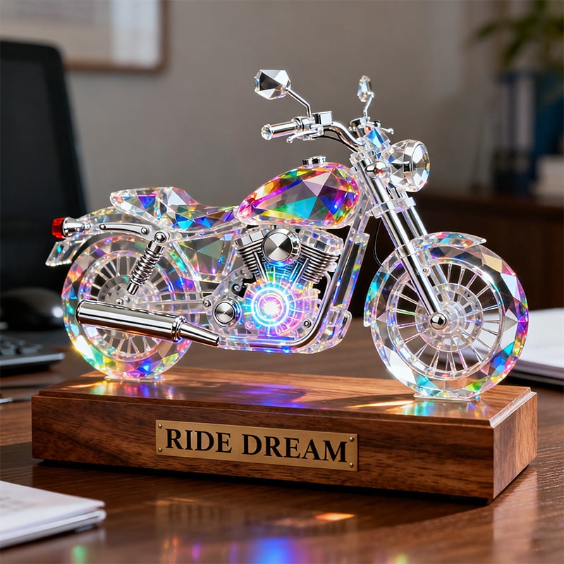 زينة سطح مكتب مخصصة مصنوعة من الكريستال الملون على شكل دراجة نارية - باسمك الخاص