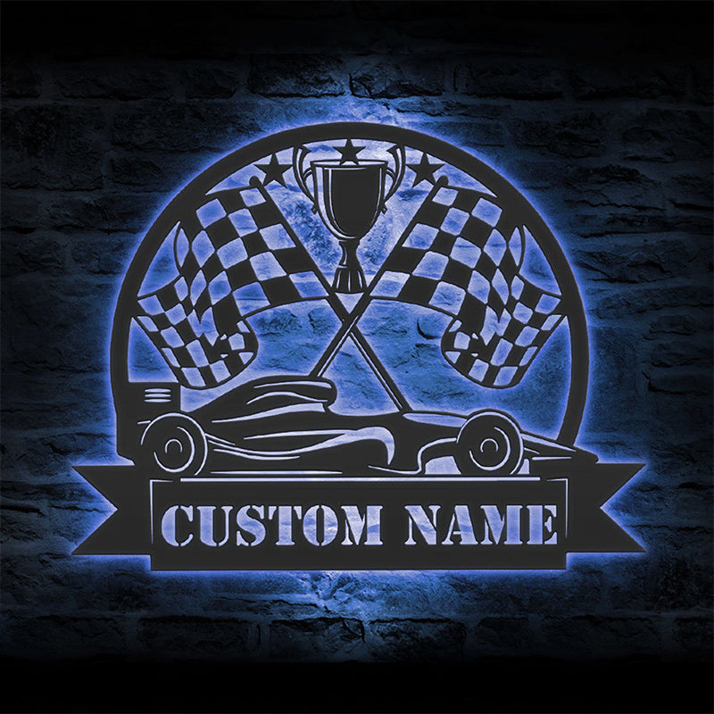 Custom Racing Flag Sprint Car Metal Wall Art LED Light