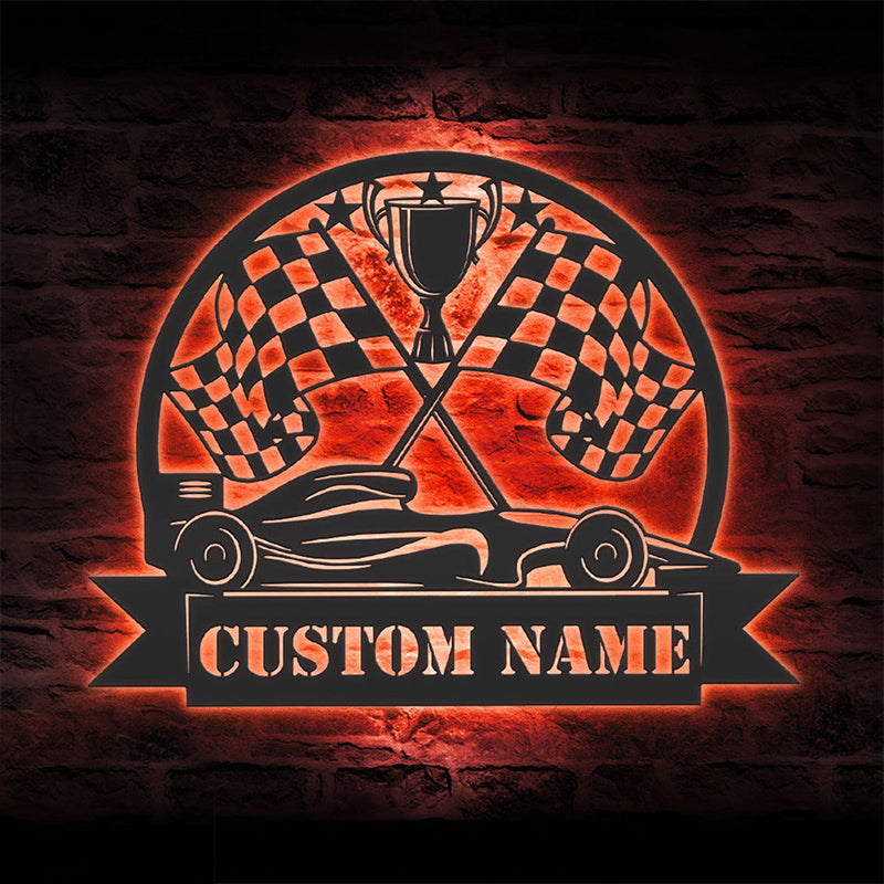 Custom Racing Flag Sprint Car Metal Wall Art LED Light