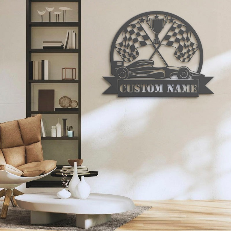 Custom Racing Flag Sprint Car Metal Wall Art LED Light