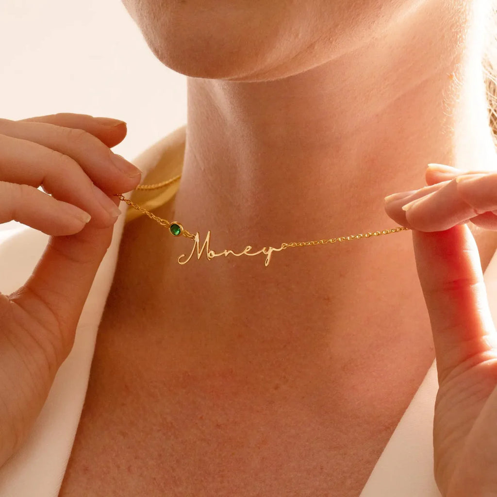 Birthstone Signature Name Necklace Gold Plated