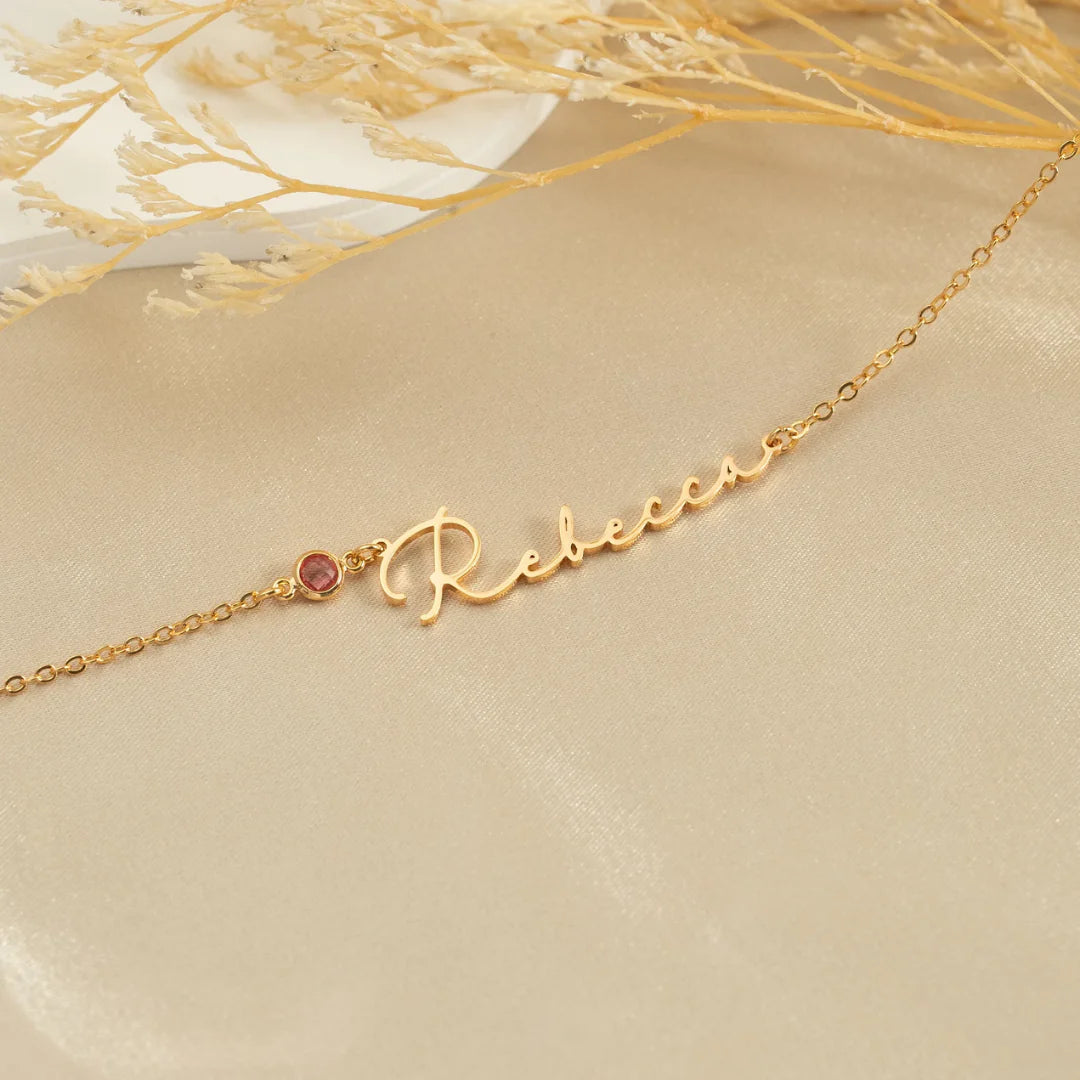 Birthstone Signature Name Necklace Gold Plated