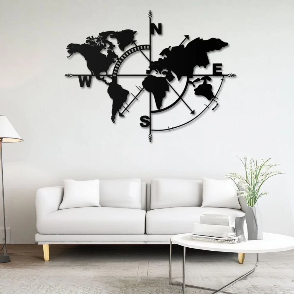 ديكور جداري معدني  بزينة على شكل خريطة العالم مع علامة الإتجاه