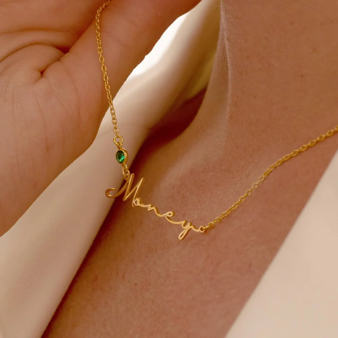 Birthstone Signature Name Necklace Gold Plated