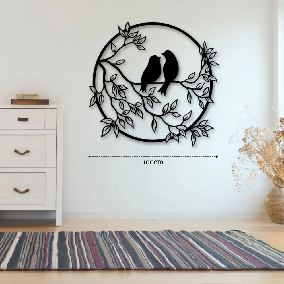 ديكور جداري معدني - بزينة طيور على غصن داخل إطار دائري
