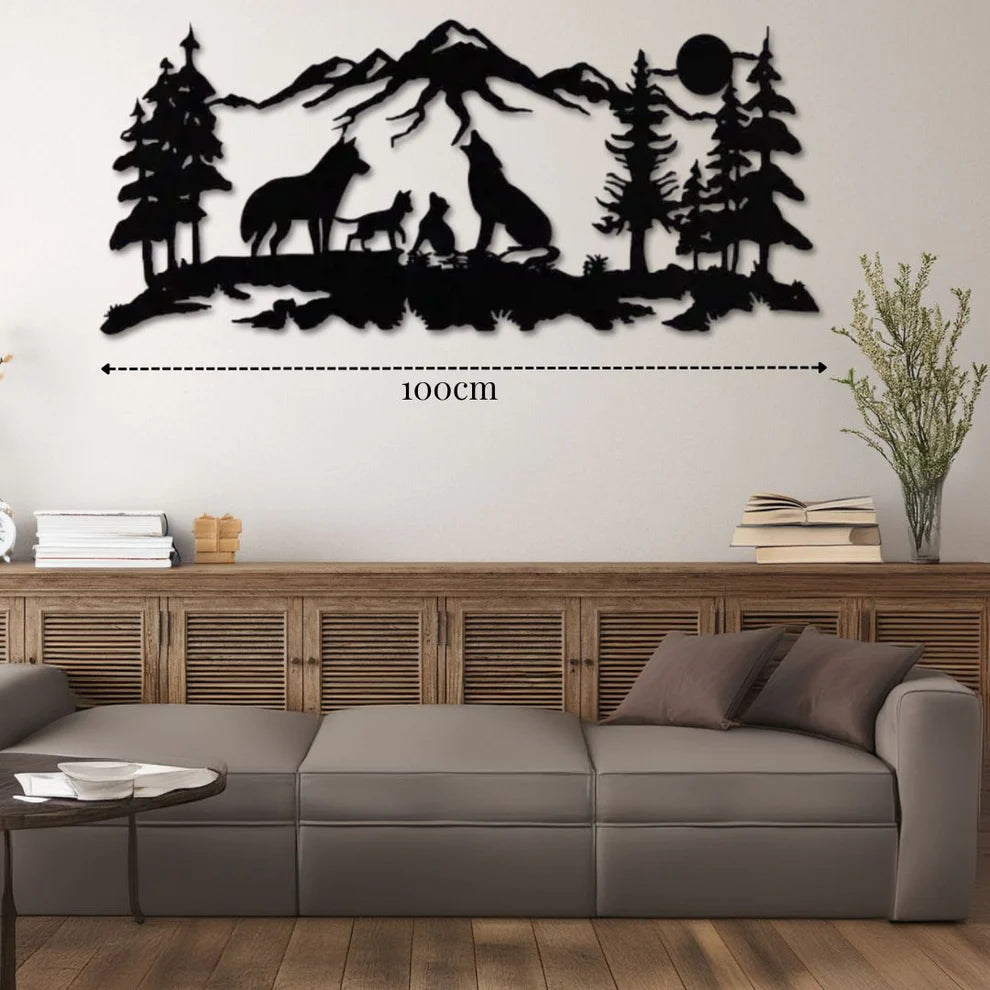 ديكور جداري معدني - بزينة على شكل ذئاب زوجين مع صغارهما