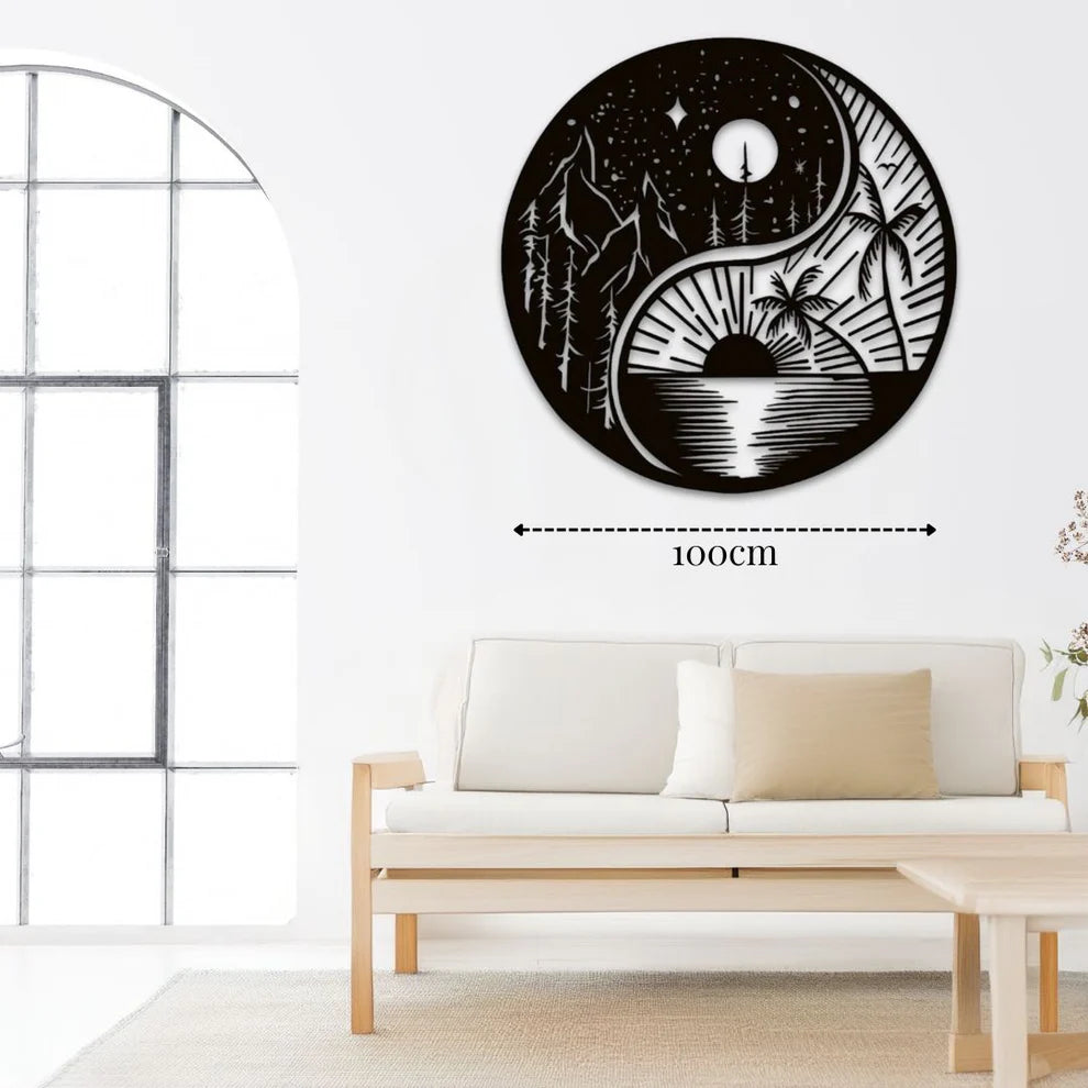 ديكور جداري معدني  بزينة صورتان في صورة واحدة الجبال الغابة في الليل والشاطئ بالنهار