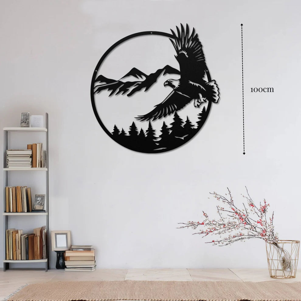 ديكور جداري معدني بزينة الجبال و النسر يحلق فوق الغابة