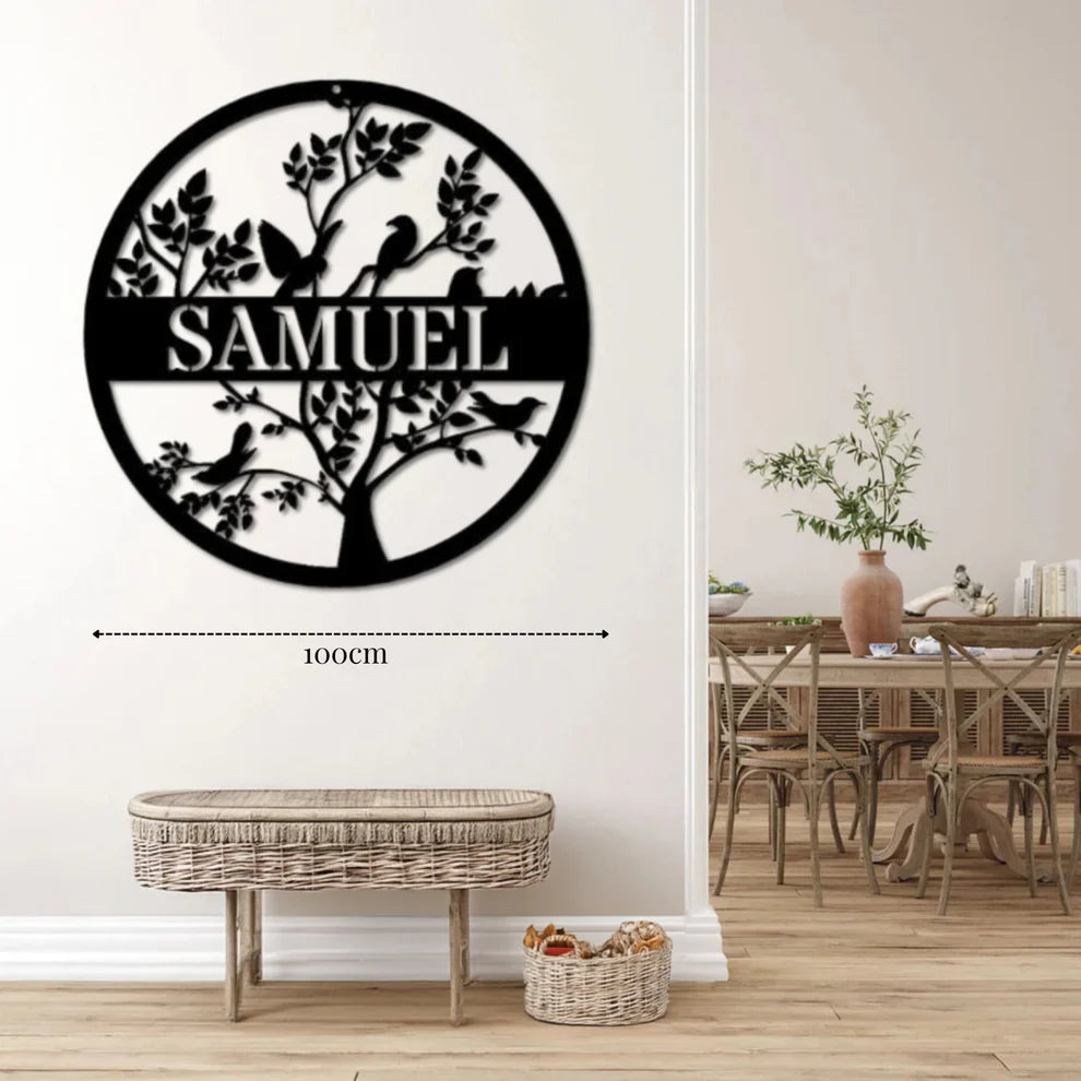 لوحة جدارية معدنية على شكل شجرة مع الطيور، قابلة للتخصيص بإسمك