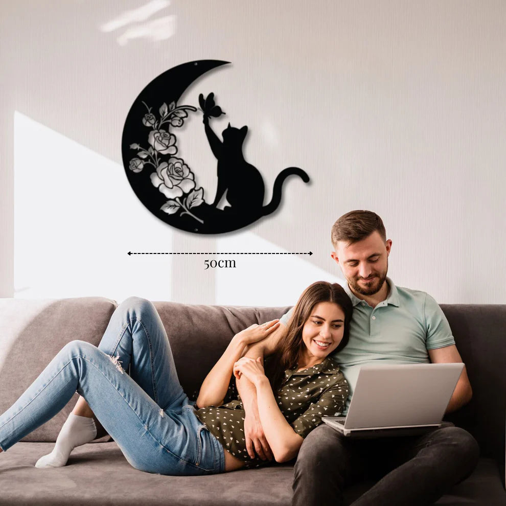 ديكور جداري معدني - بزينة سرب قطة معلقة على القمر و الورود الجميلة