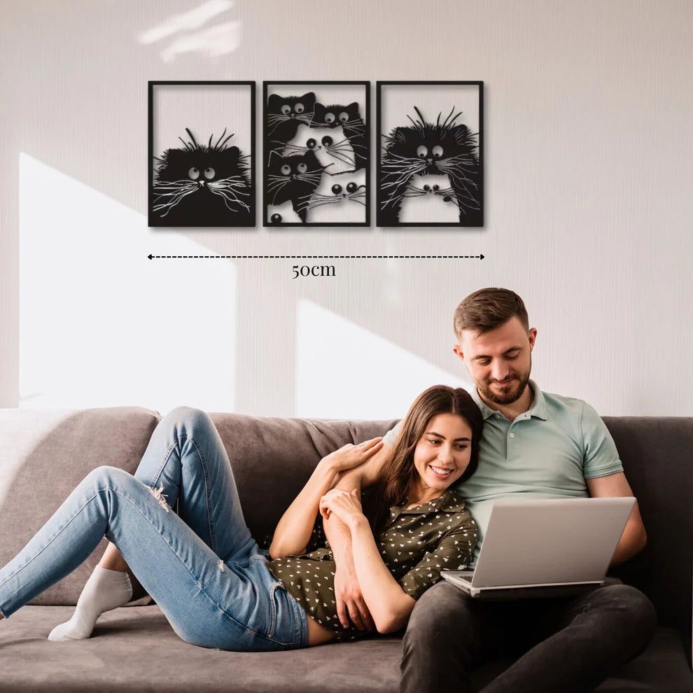 ديكور جداري معدني - بزينة قطط بثلاث لوحات فنية رائعة