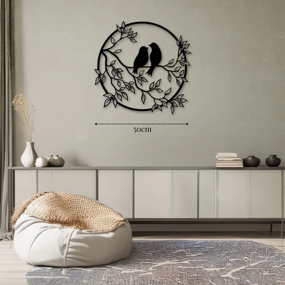 ديكور جداري معدني - بزينة طيور على غصن داخل إطار دائري