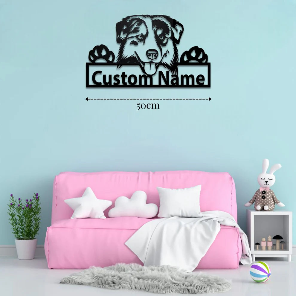 ديكور جداري معدني - بزينة شكل كلب الراعي الأسترالي بتخصيص إسمك