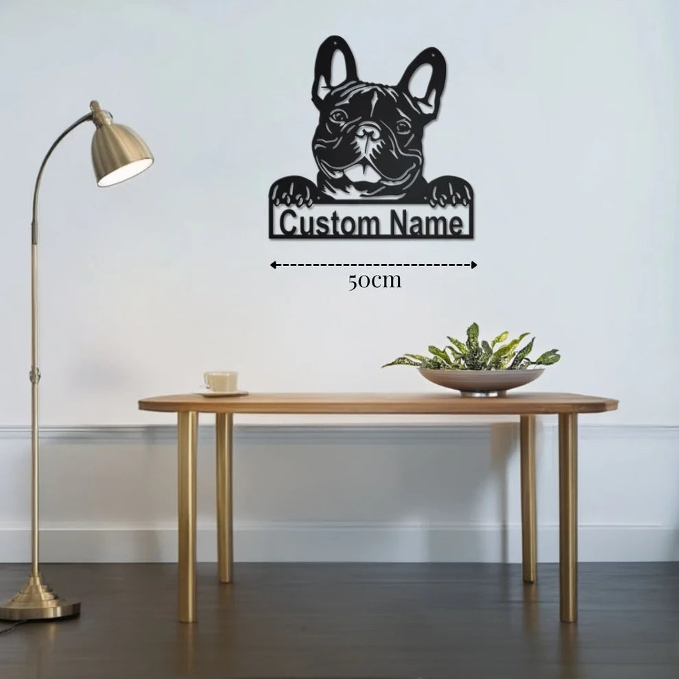 ديكور جداري معدني - بزينة على شكل كلب بولدوغ فرنسي بتخصيص إسمك