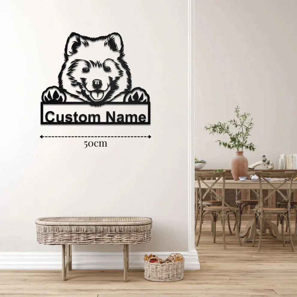 ديكور جداري معدني - بزينة على شكل كلب سامويد بتخصيص إسمك