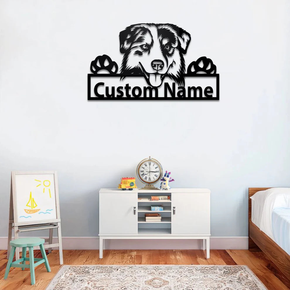 ديكور جداري معدني - بزينة شكل كلب الراعي الأسترالي بتخصيص إسمك
