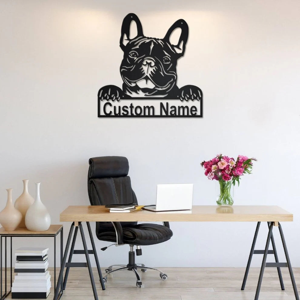 ديكور جداري معدني - بزينة على شكل كلب بولدوغ فرنسي بتخصيص إسمك