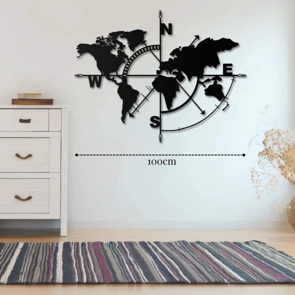 ديكور جداري معدني  بزينة على شكل خريطة العالم مع علامة الإتجاه