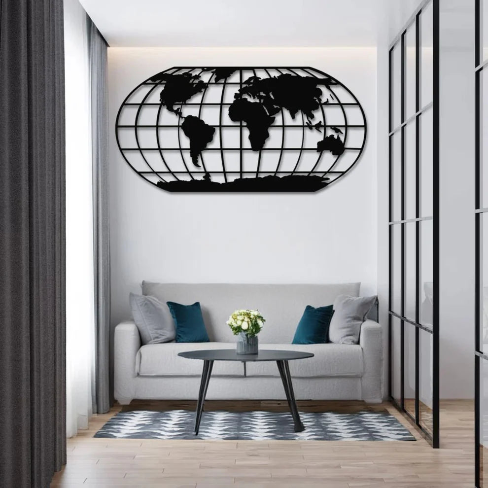 ديكور جداري معدني  بزينة خريطة العالم مع القطب الشمالي والجنوبي