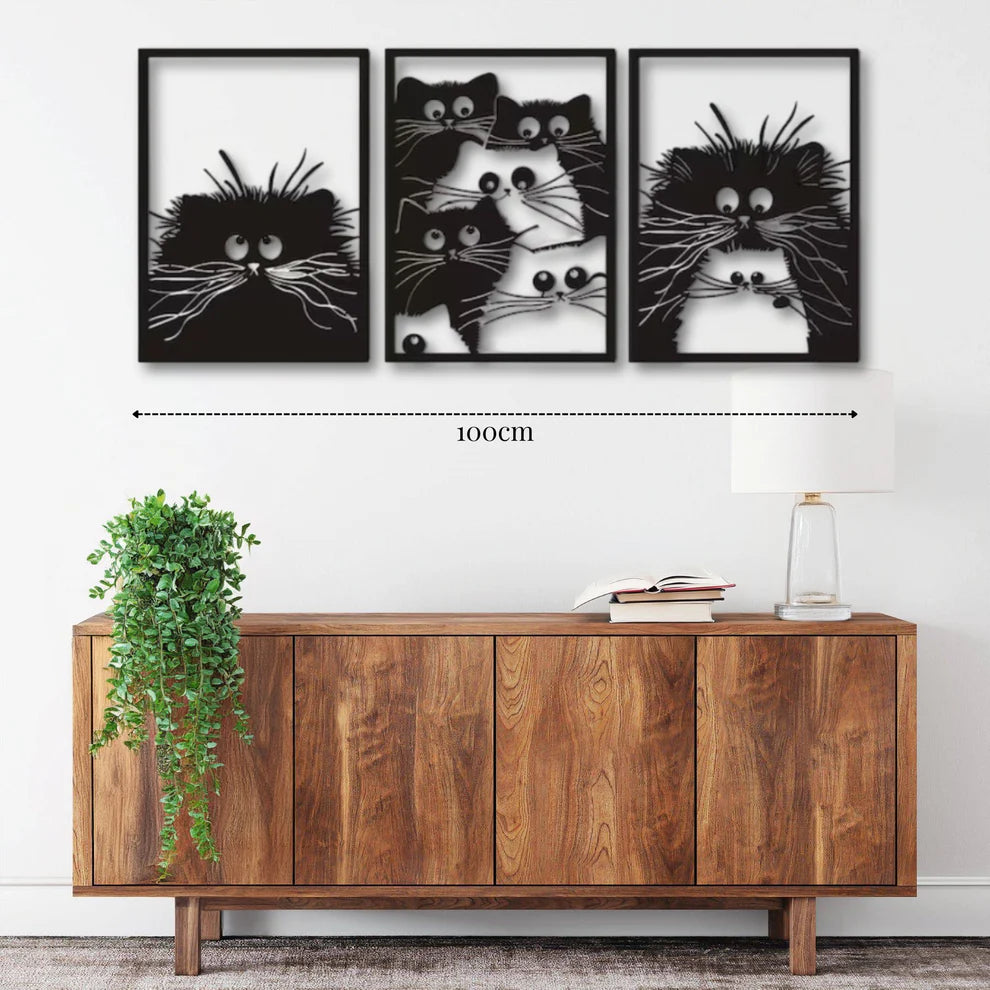 ديكور جداري معدني - بزينة قطط بثلاث لوحات فنية رائعة