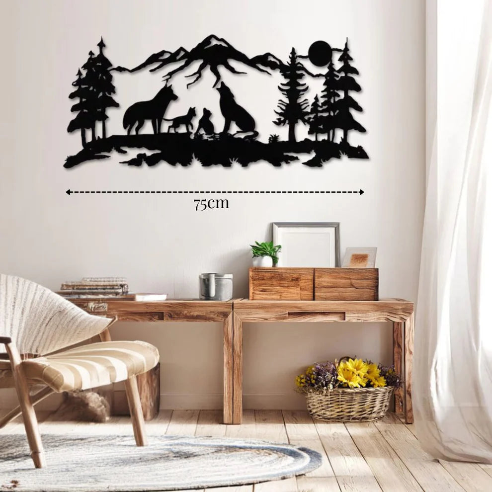 ديكور جداري معدني - بزينة على شكل ذئاب زوجين مع صغارهما