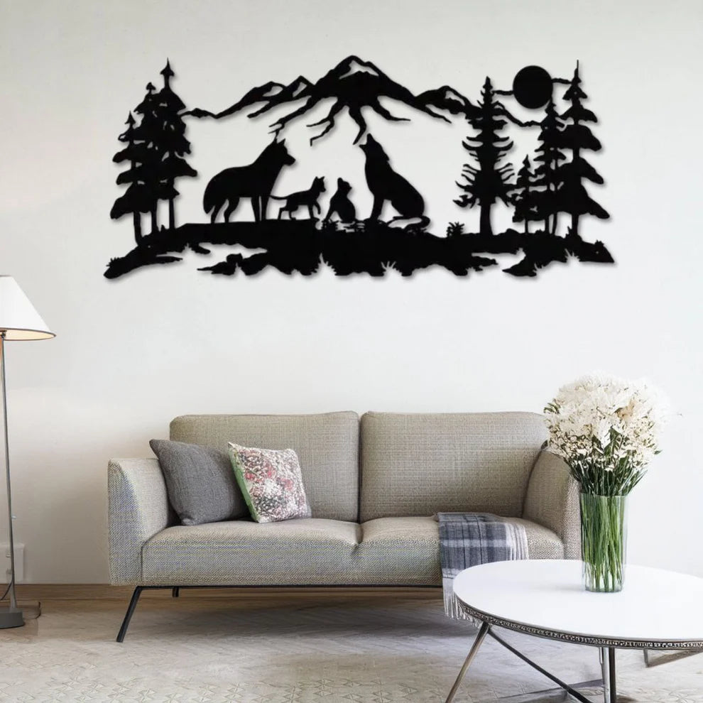 ديكور جداري معدني - بزينة على شكل ذئاب زوجين مع صغارهما