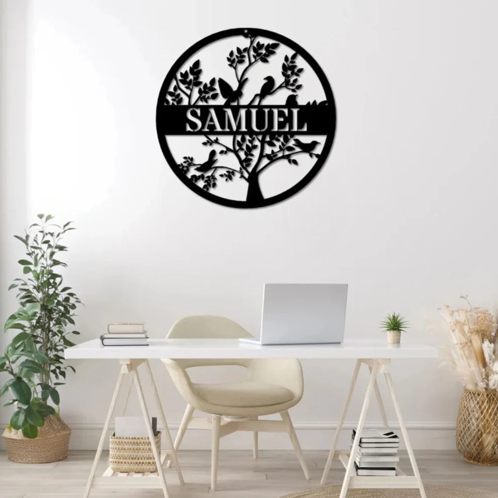 لوحة جدارية معدنية على شكل شجرة مع الطيور، قابلة للتخصيص بإسمك