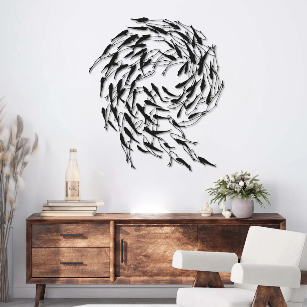 ديكور جداري معدني - بزينة مجموعة من الأسماك صغيرة على شكل دوامة