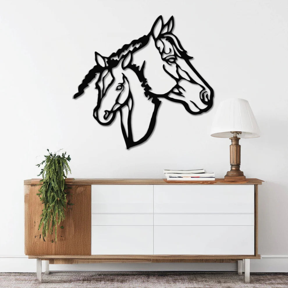 ديكور جداري معدني - بزينة رأسين من الحصان الكبير و الصغير