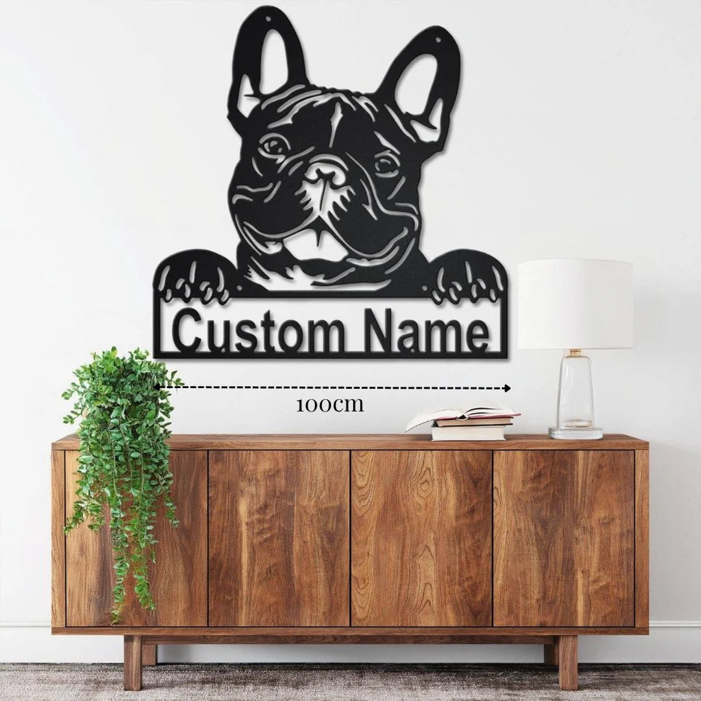 ديكور جداري معدني - بزينة على شكل كلب بولدوغ فرنسي بتخصيص إسمك