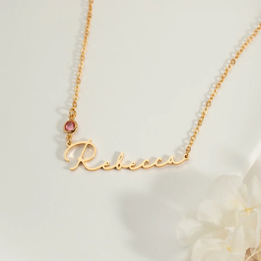 Birthstone Signature Name Necklace Gold Plated