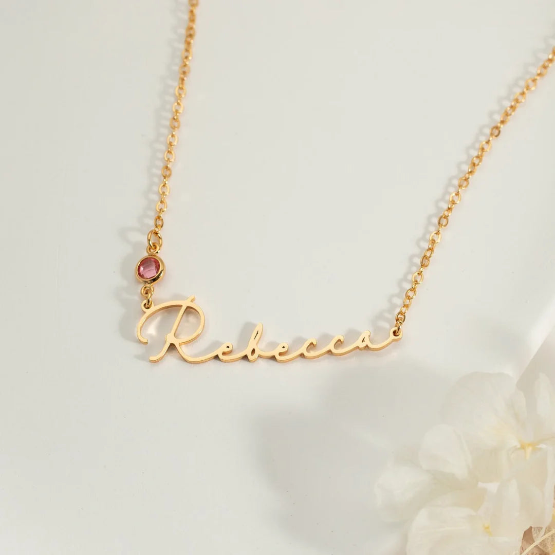 Birthstone Signature Name Necklace Gold Plated