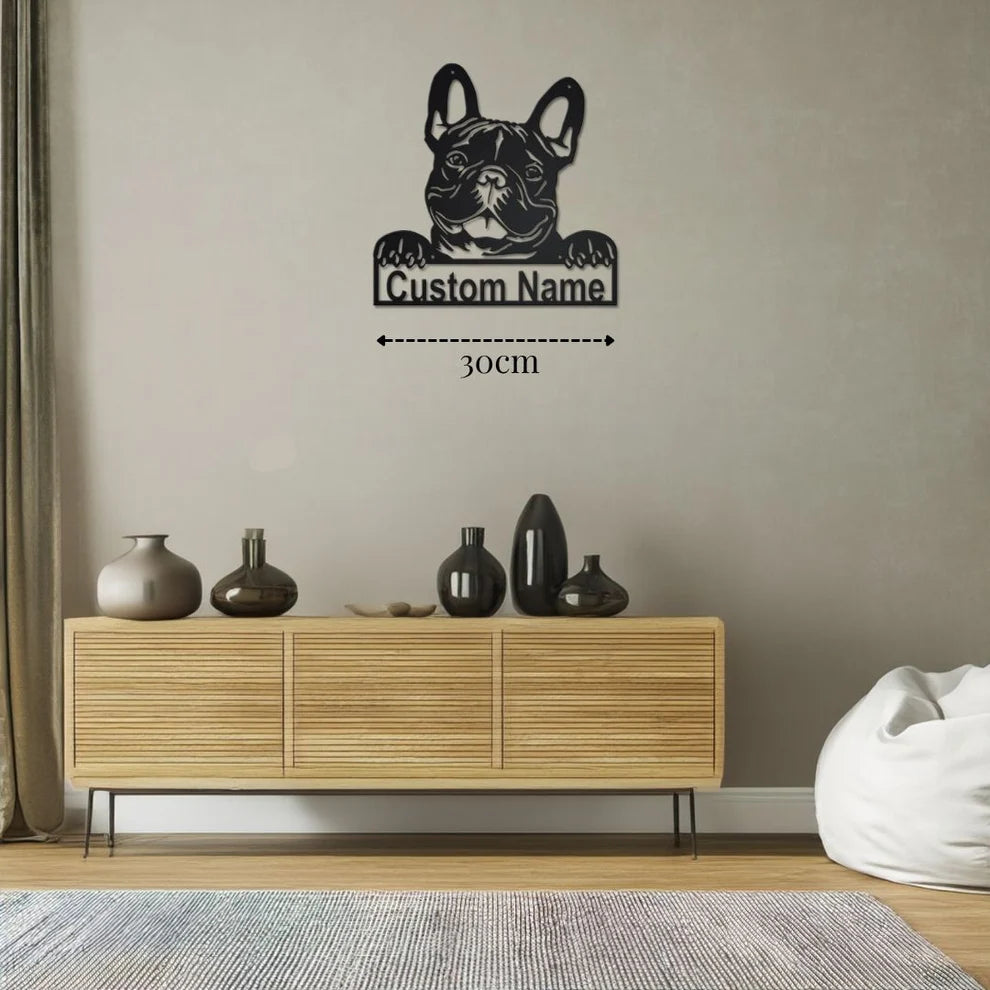 ديكور جداري معدني - بزينة على شكل كلب بولدوغ فرنسي بتخصيص إسمك