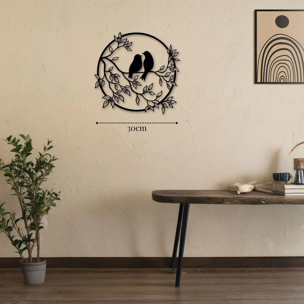 ديكور جداري معدني - بزينة طيور على غصن داخل إطار دائري