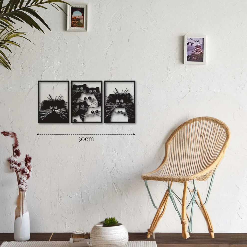 ديكور جداري معدني - بزينة قطط بثلاث لوحات فنية رائعة